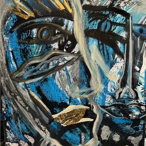 Abstract Blue and Gold Face Art Print - Modern Home Wall Art